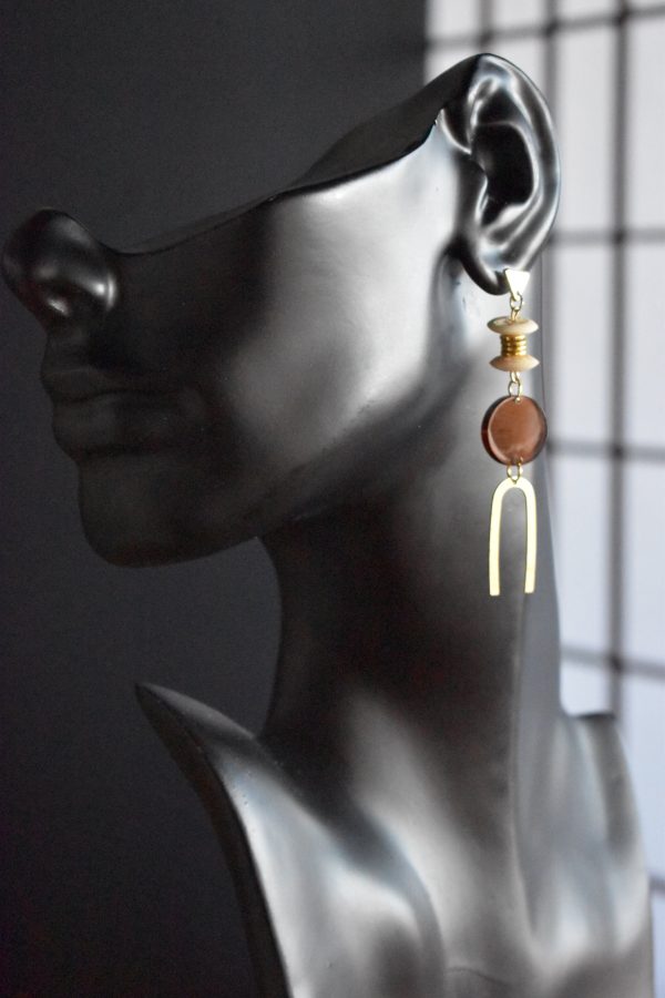 Bone+Brass+Amber Dangle Earrings -Circle on Sale - Image 2